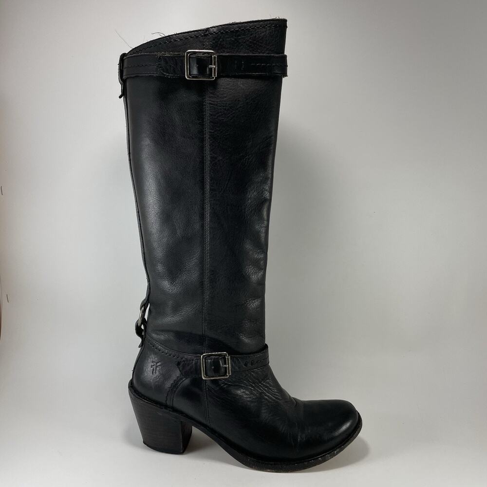 Frye Melissa Harness Tall Riding Boots Womens Size 9 B Black Leather Knee High